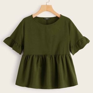 Army Green Ruffle Cuff Smock Top